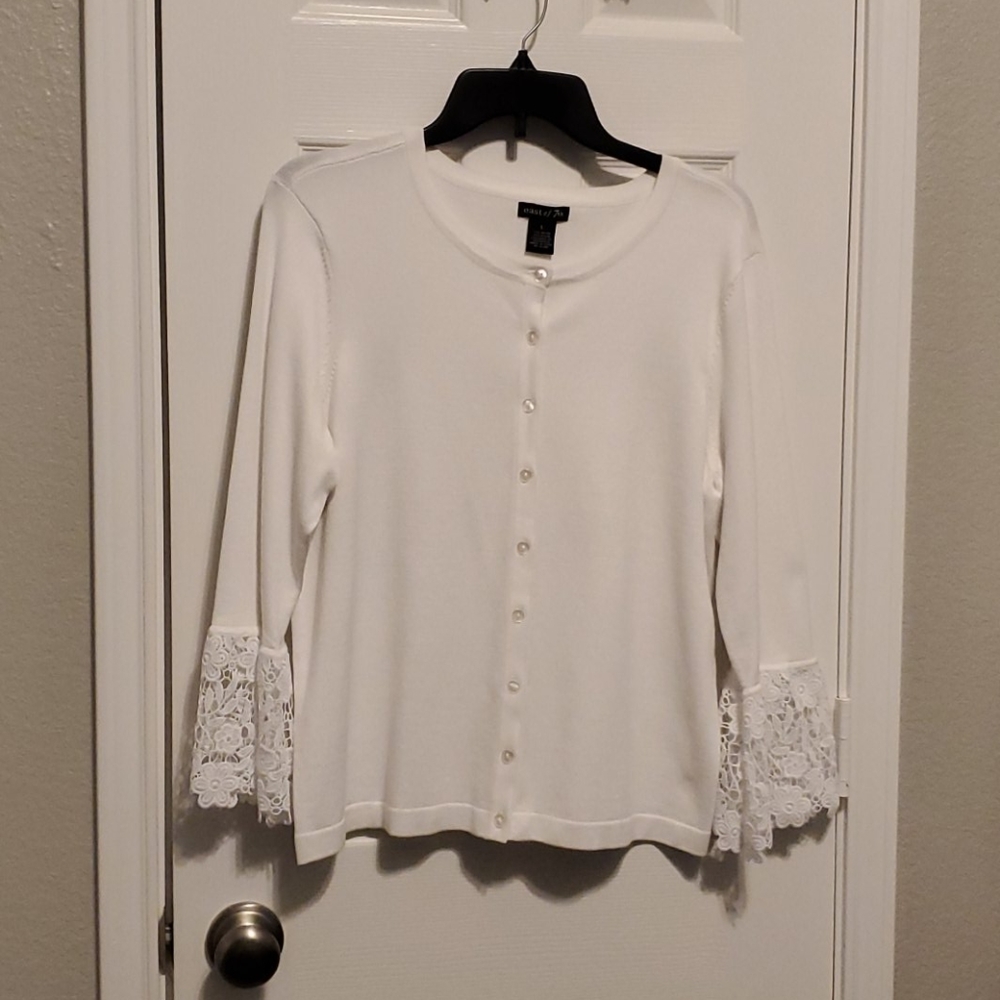 White sweater with lace on sleeves, never worn
